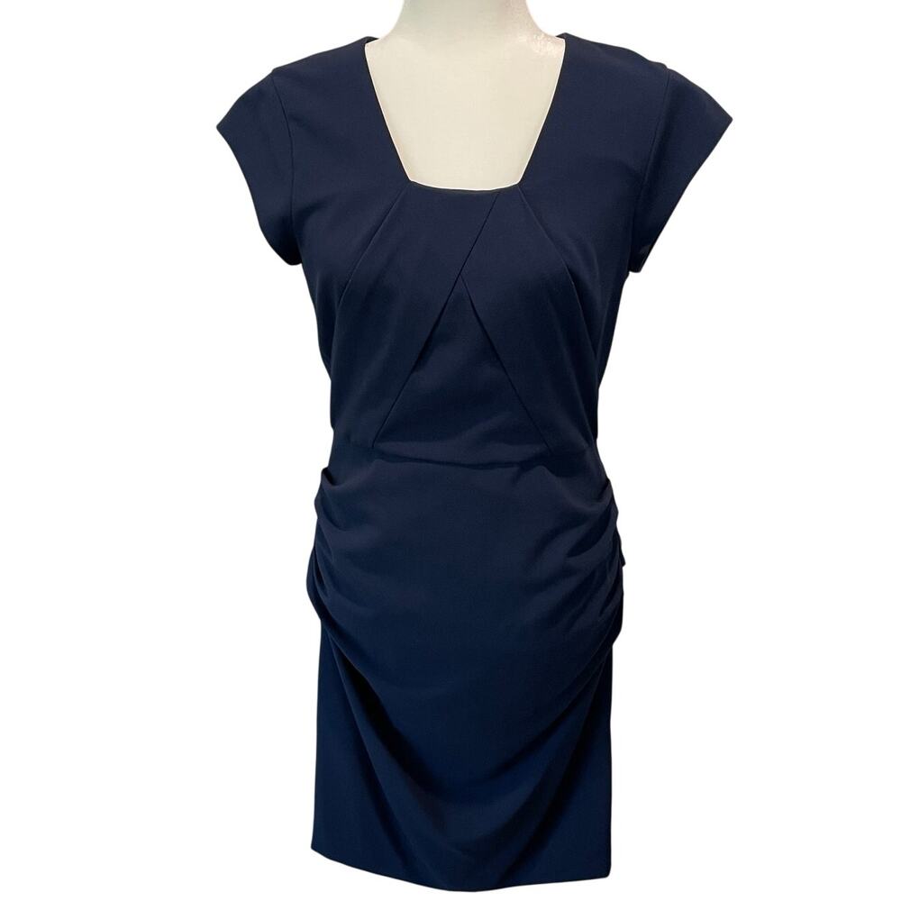 BCBGMaxAzria Joana Sheath Dress Sz 8 Navy Pleated Ruched Cap Sleeves Square Neck